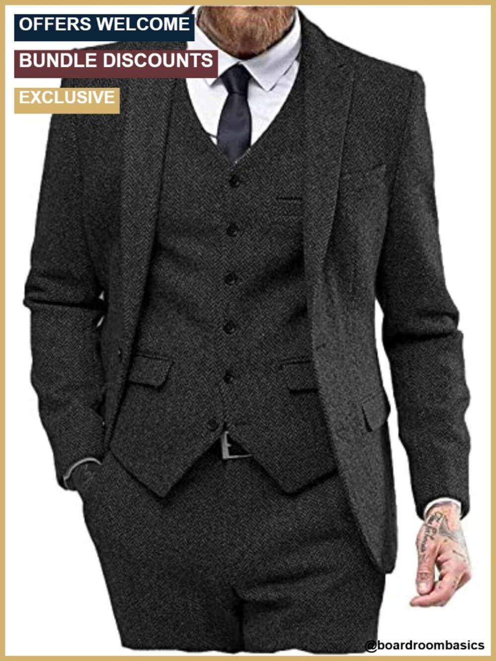 Men's Herringbone Tweed 3 Piece Suit Wedding Prom Tuxedo